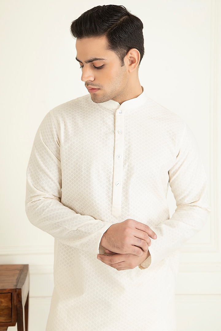 Ivory Cotton Embroidered Indo-Western Jacket With Kurta Set by Priyanka Jain Men at Pernia's Pop Up Shop