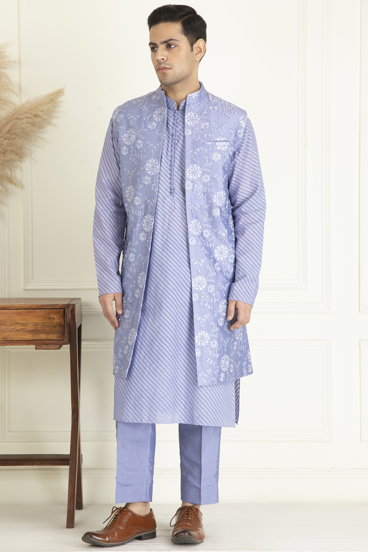 Lavender Cotton Embroidered Indo-Western Jacket With Kurta Set by Priyanka Jain Men
