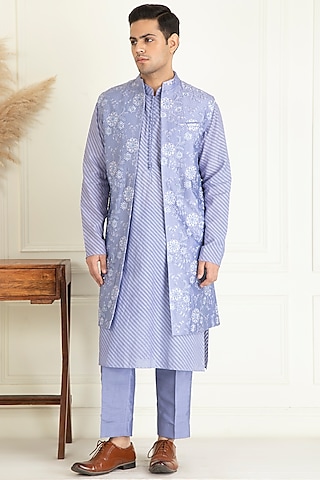 Lavender Cotton Embroidered Indo-Western Jacket With Kurta Set by Priyanka Jain Men