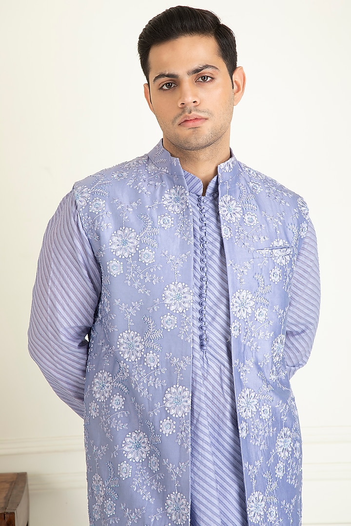 Lavender Cotton Embroidered Indo-Western Jacket With Kurta Set by Priyanka Jain Men at Pernia's Pop Up Shop
