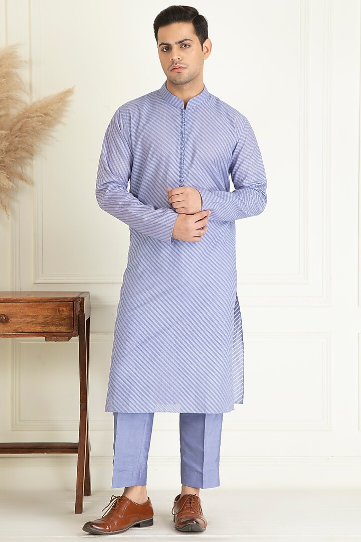 Lavender Cotton Embroidered Indo-Western Jacket With Kurta Set by Priyanka Jain Men at Pernia's Pop Up Shop