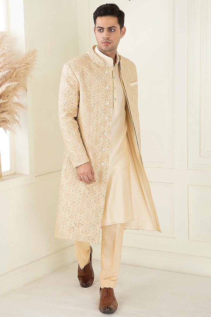 Golden Beige Dupion Embroidered Sherwani Set by Priyanka Jain Men