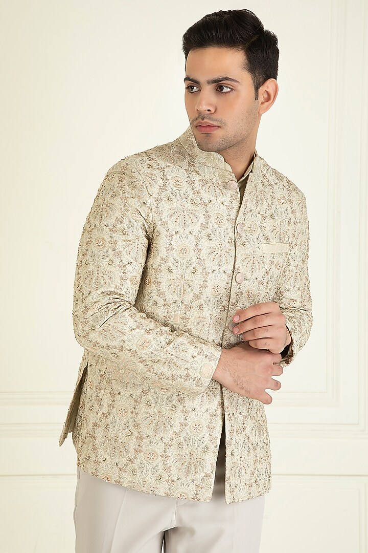 Powder Pista Dupion Embroidered Wedding Bandhgala Set by Priyanka Jain Men at Pernia's Pop Up Shop