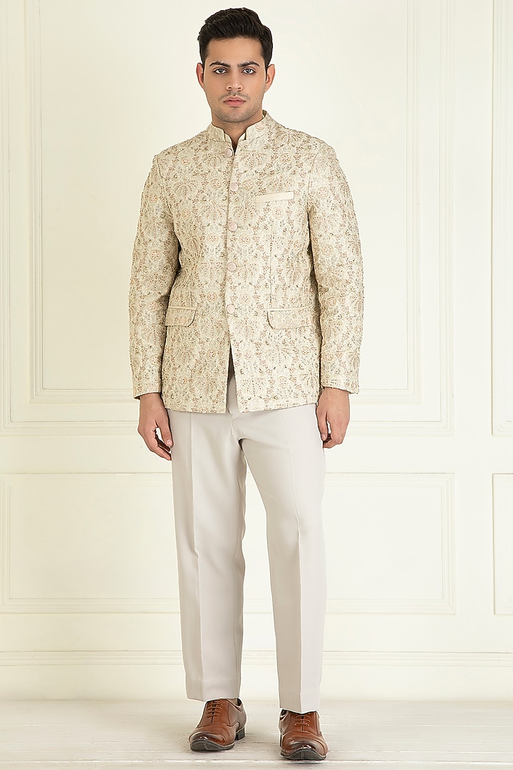 Powder Pista Dupion Embroidered Wedding Bandhgala Set by Priyanka Jain Men at Pernia's Pop Up Shop