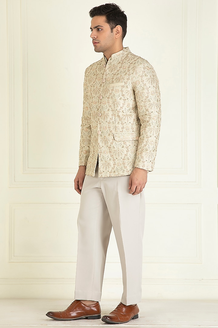 Powder Pista Dupion Embroidered Wedding Bandhgala Set by Priyanka Jain Men at Pernia's Pop Up Shop