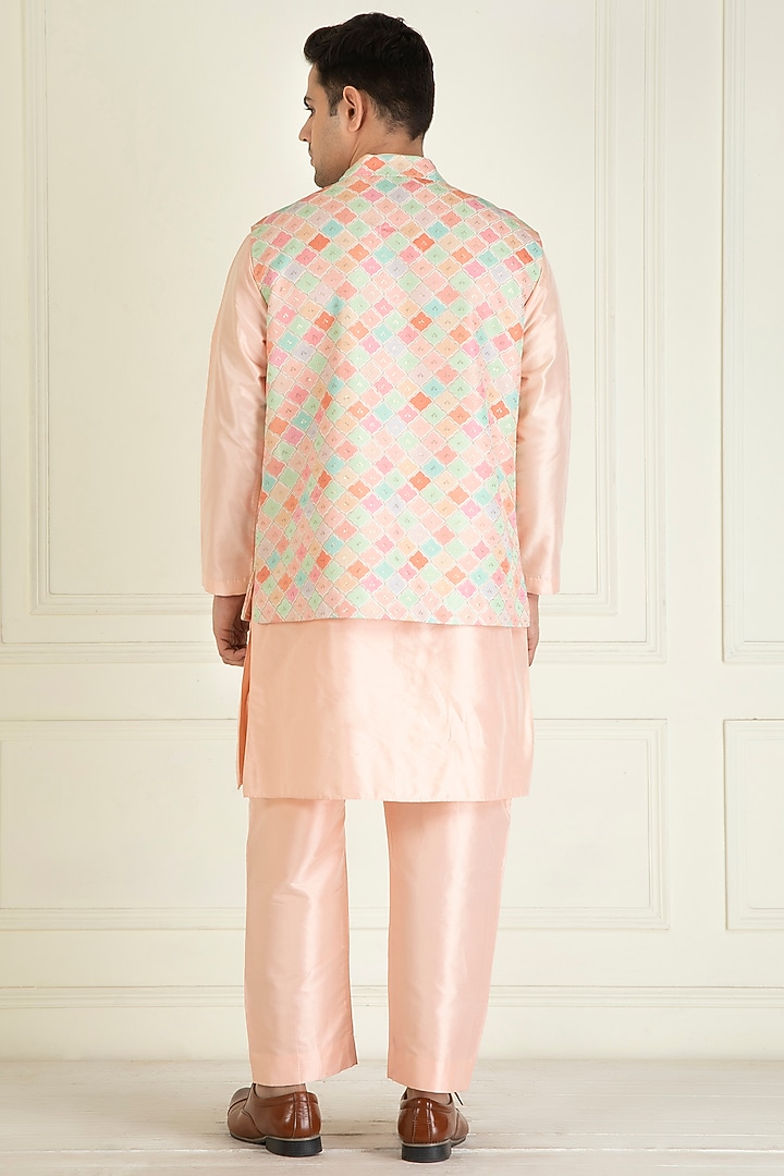 Peach Cotton Thread & Sequins Embroidered Bundi Jacket Set by Priyanka Jain Men at Pernia's Pop Up Shop
