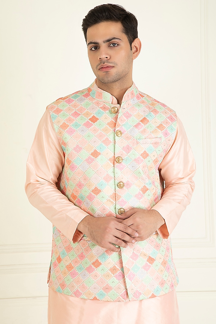 Peach Cotton Thread & Sequins Embroidered Bundi Jacket Set by Priyanka Jain Men at Pernia's Pop Up Shop