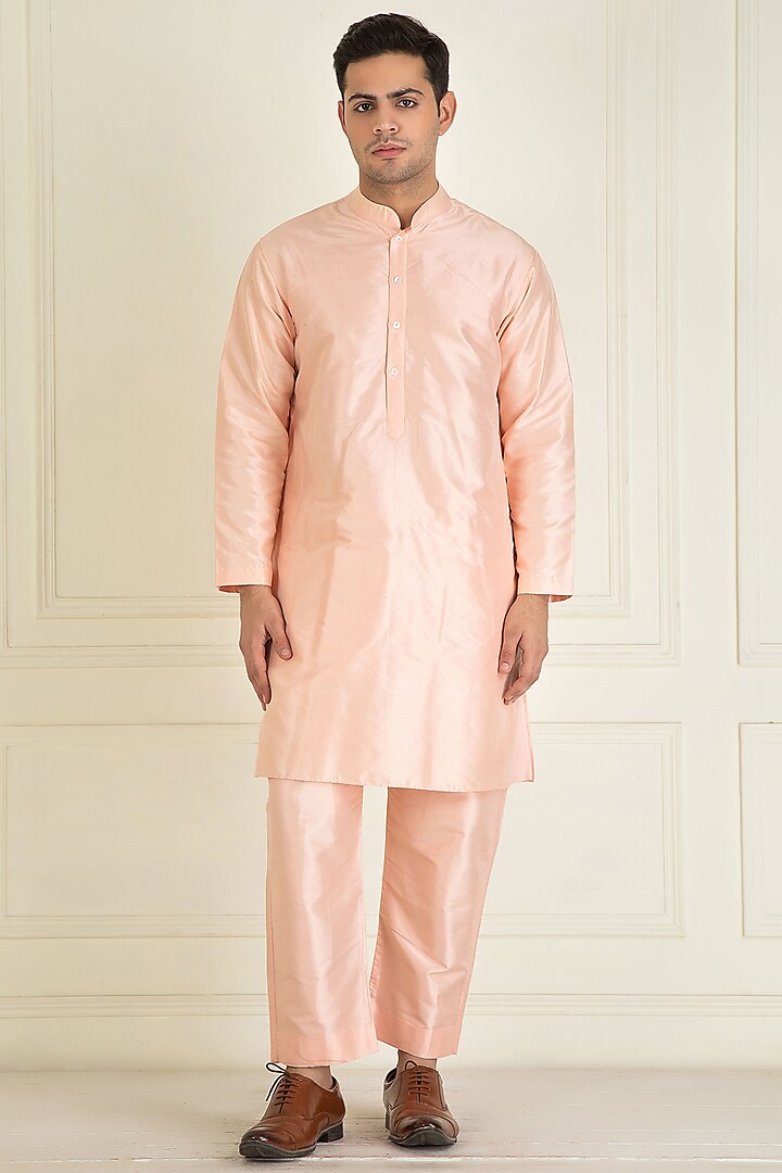 Peach Pure Silk Kurta Set by Priyanka Jain Men