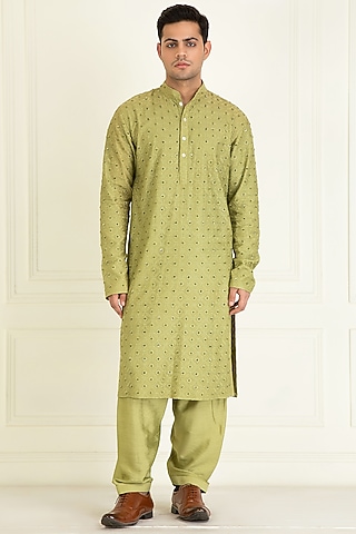 Mehendi Green Cotton Embroidered Kurta Set by Priyanka Jain Men