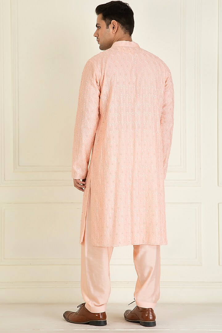 Peach Cotton Thread & Bead Embroidered Kurta Set by Priyanka Jain Men at Pernia's Pop Up Shop