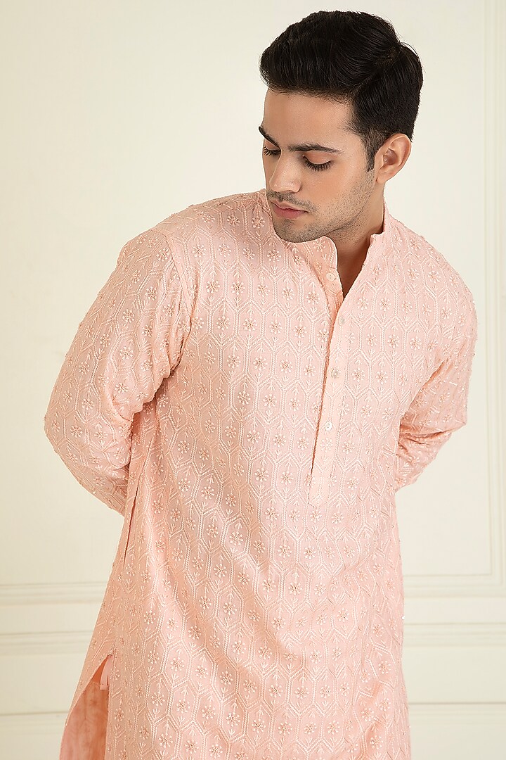 Peach Cotton Thread & Bead Embroidered Kurta Set by Priyanka Jain Men at Pernia's Pop Up Shop