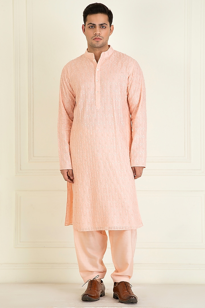 Peach Cotton Thread & Bead Embroidered Kurta Set by Priyanka Jain Men at Pernia's Pop Up Shop