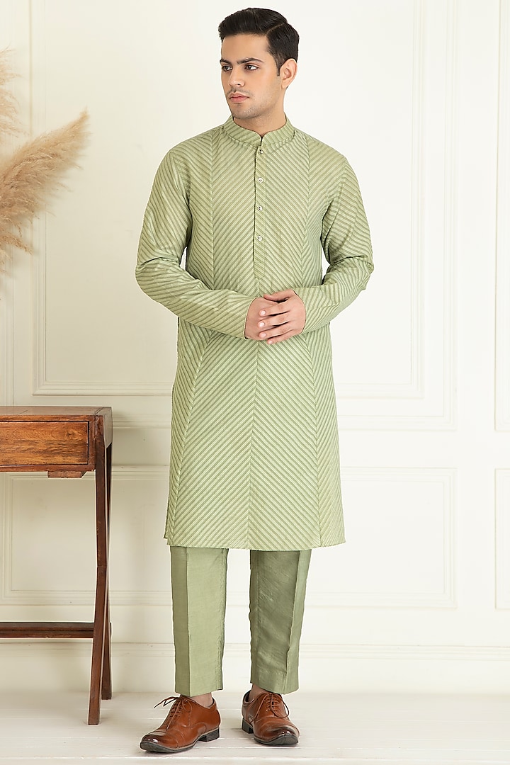 Sage Green Cotton Kurta Set by Priyanka Jain Men