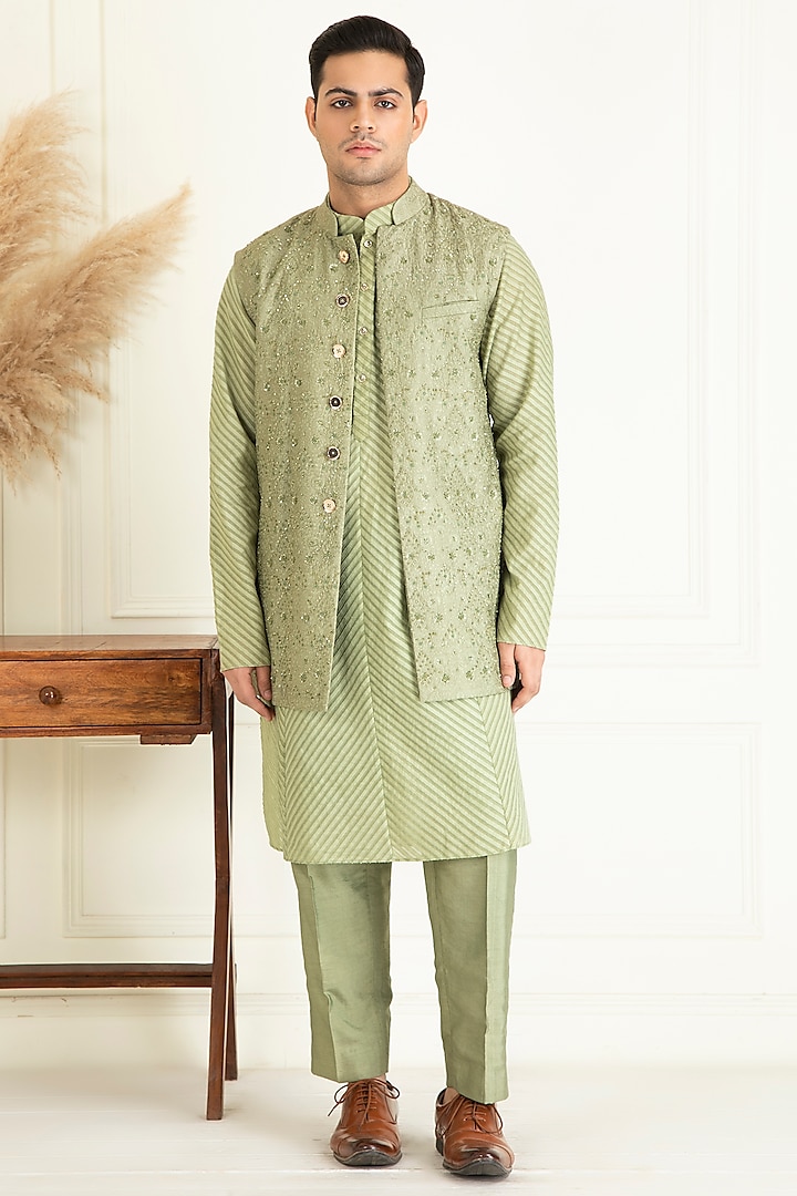 Sage Green Cotton Embroidered Indo-Western Jacket With Kurta Set by Priyanka Jain Men
