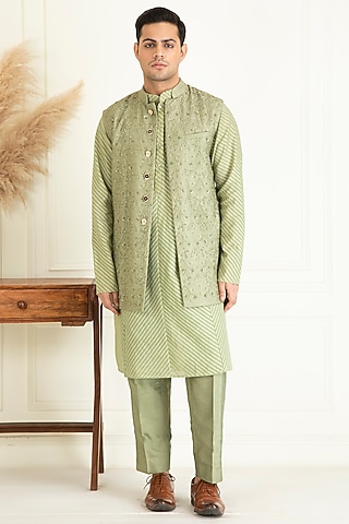 Sage Green Cotton Embroidered Indo-Western Jacket With Kurta Set by Priyanka Jain Men