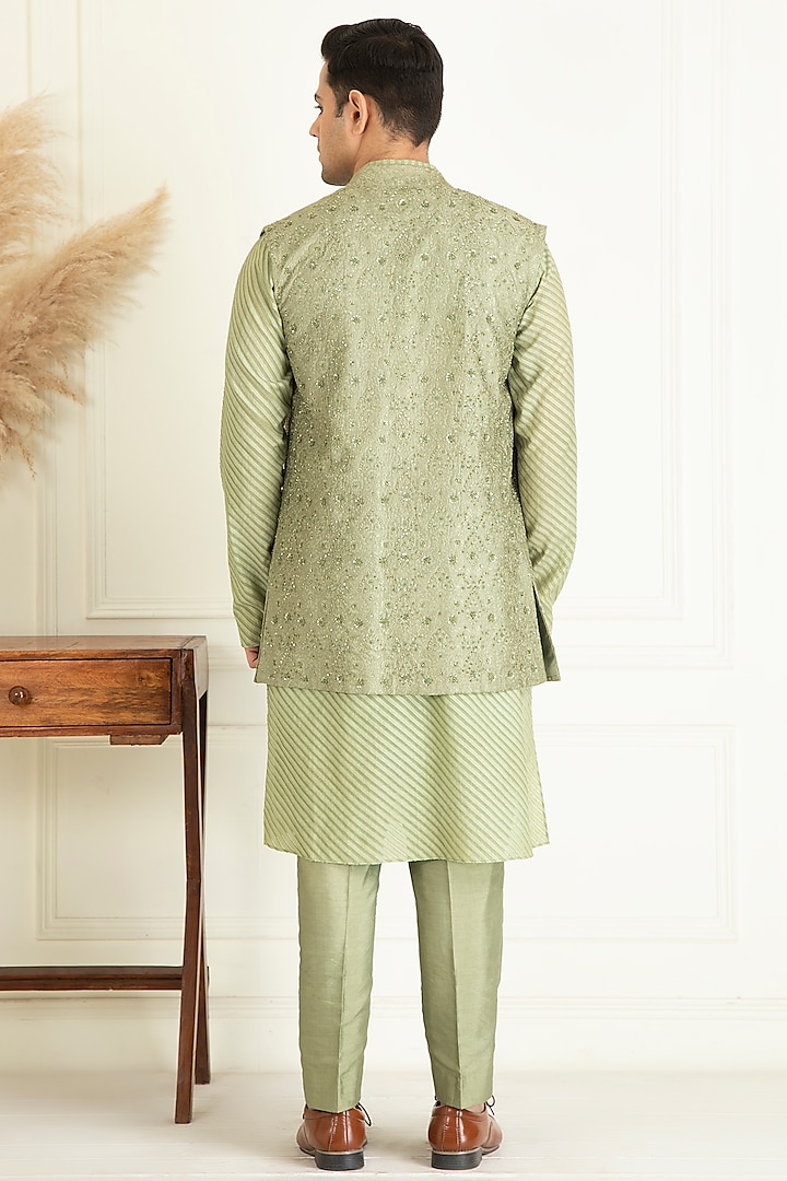Sage Green Cotton Embroidered Indo-Western Jacket With Kurta Set by Priyanka Jain Men at Pernia's Pop Up Shop
