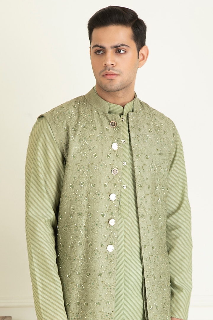 Sage Green Cotton Embroidered Indo-Western Jacket With Kurta Set by Priyanka Jain Men at Pernia's Pop Up Shop