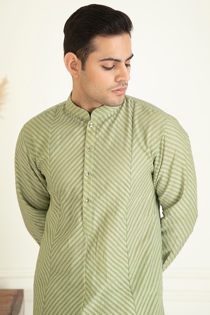 Sage Green Cotton Embroidered Indo-Western Jacket With Kurta Set by Priyanka Jain Men at Pernia's Pop Up Shop