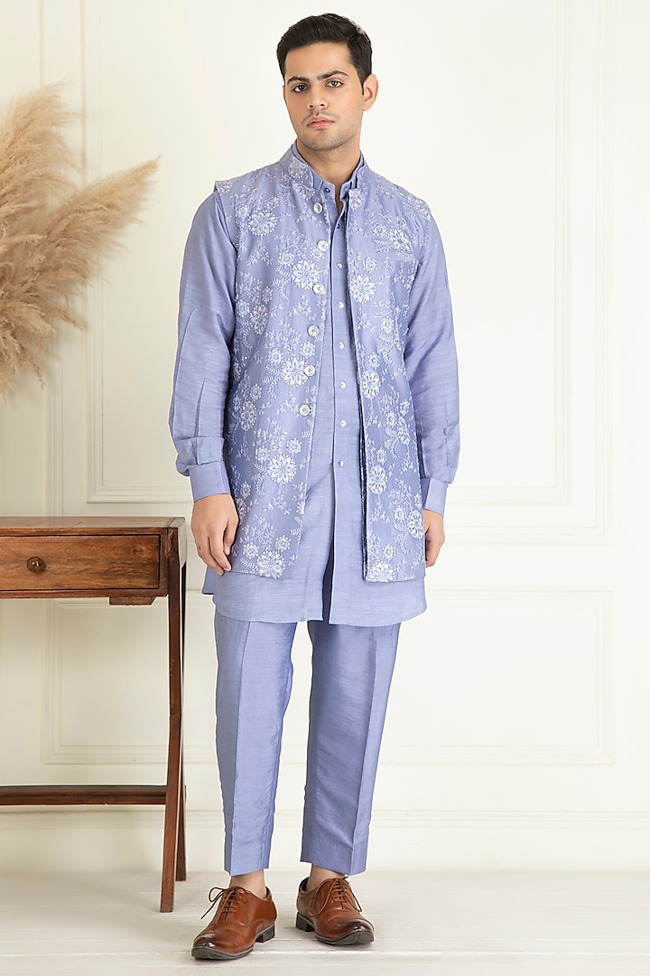 Lavender Cotton Embroidered Indo-Western Jacket Set by Priyanka Jain Men