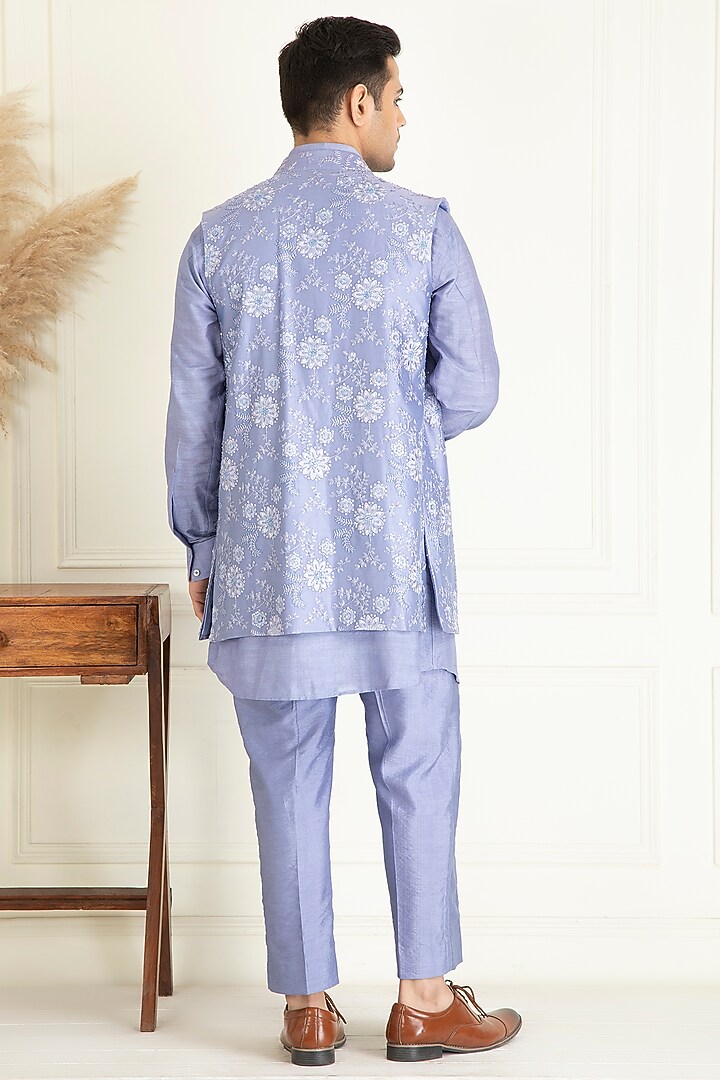Lavender Cotton Embroidered Indo-Western Jacket Set by Priyanka Jain Men at Pernia's Pop Up Shop