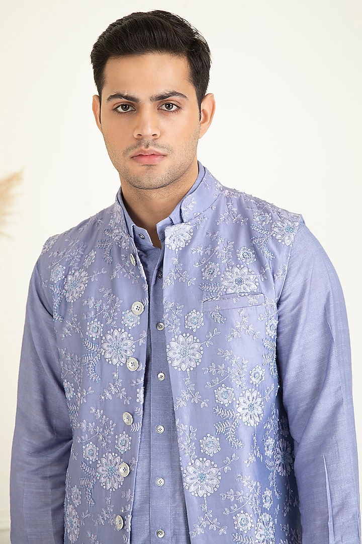 Lavender Cotton Embroidered Indo-Western Jacket Set by Priyanka Jain Men at Pernia's Pop Up Shop