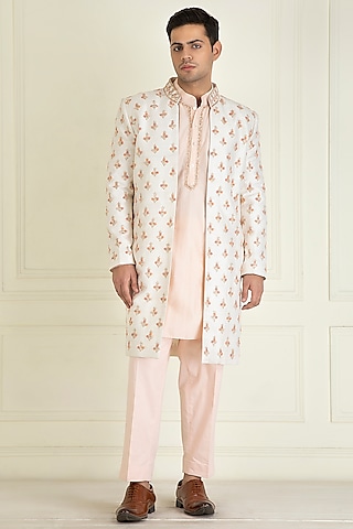 Ivory Raw Silk Hand Embroidered Indowestern Set by Priyanka Jain Men
