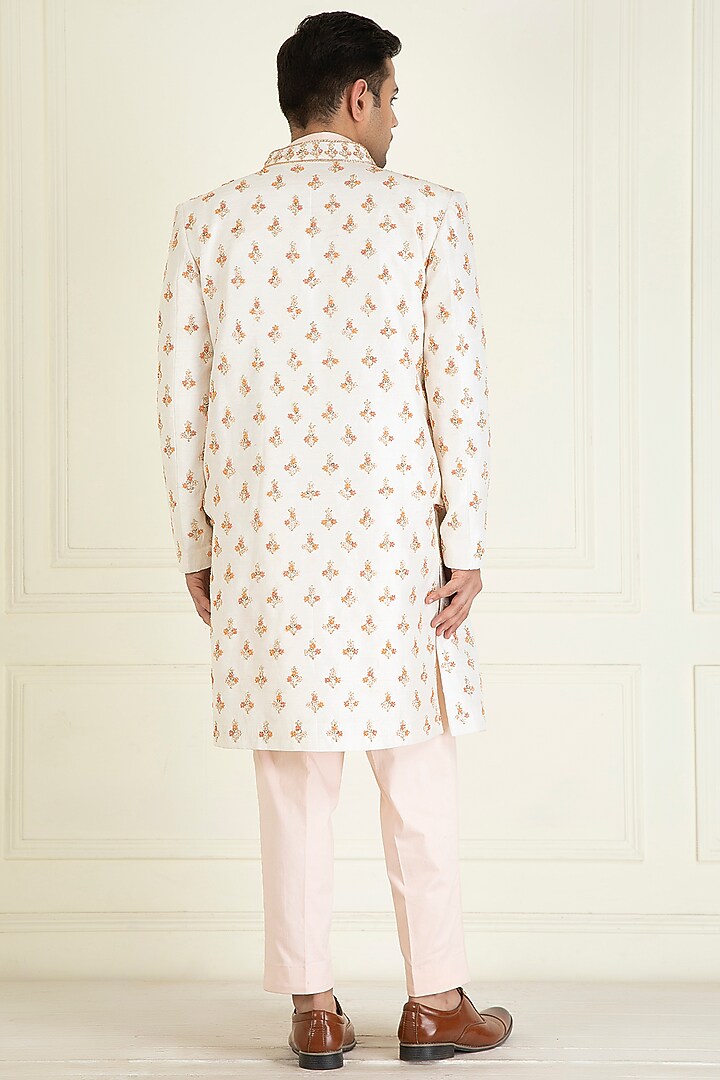 Ivory Raw Silk Hand Embroidered Wedding Indowestern Set by Priyanka Jain Men at Pernia's Pop Up Shop