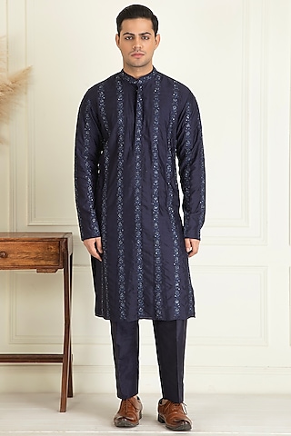 Midnight Blue Silk Embroidered Kurta Set by Priyanka Jain Men