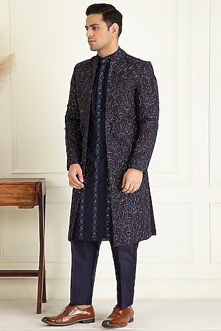 Midnight Blue Dupion Thread Embroidered Indowestern Set by Priyanka Jain Men