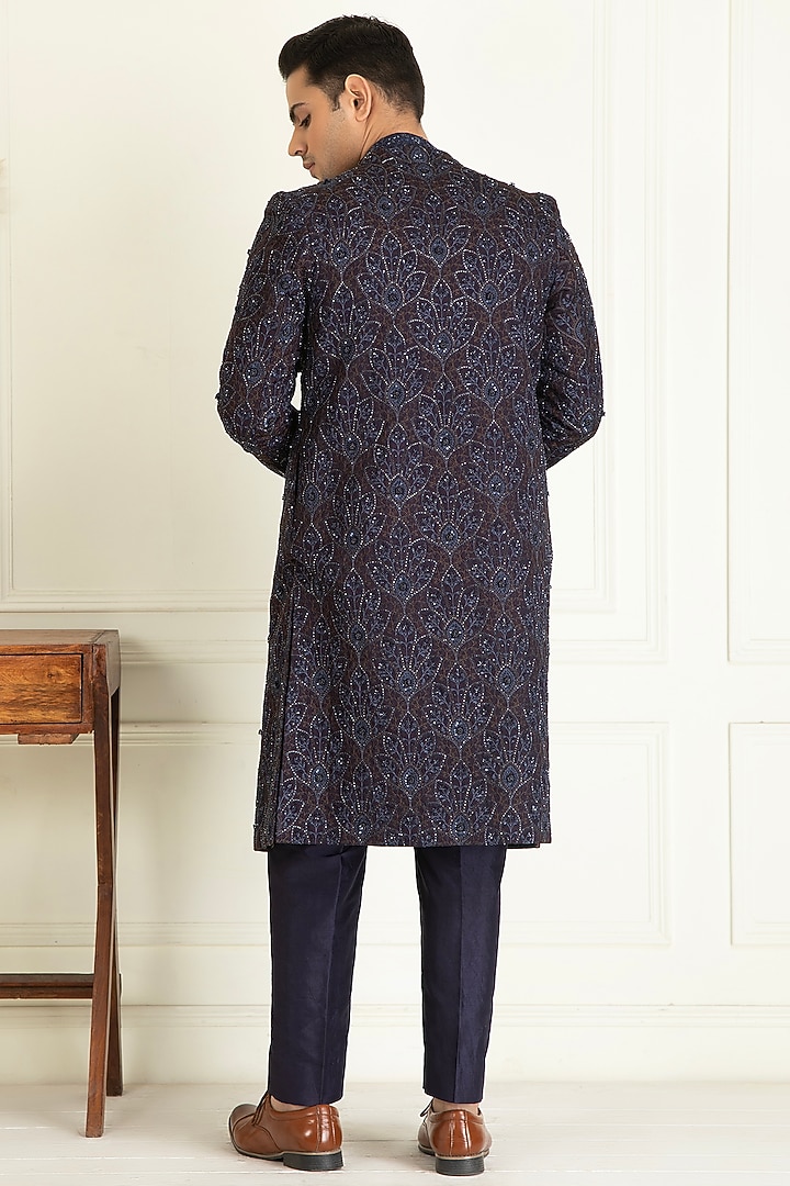 Midnight Blue Dupion Thread Embroidered Wedding Indowestern Set by Priyanka Jain Men at Pernia's Pop Up Shop