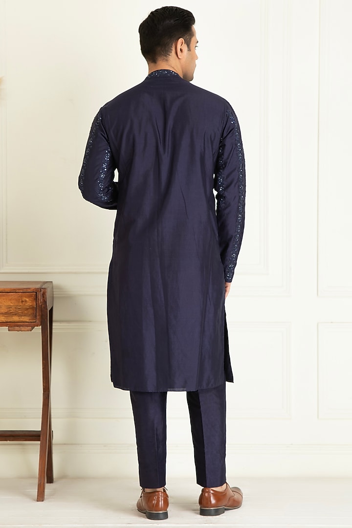 Midnight Blue Dupion Thread Embroidered Wedding Indowestern Set by Priyanka Jain Men at Pernia's Pop Up Shop