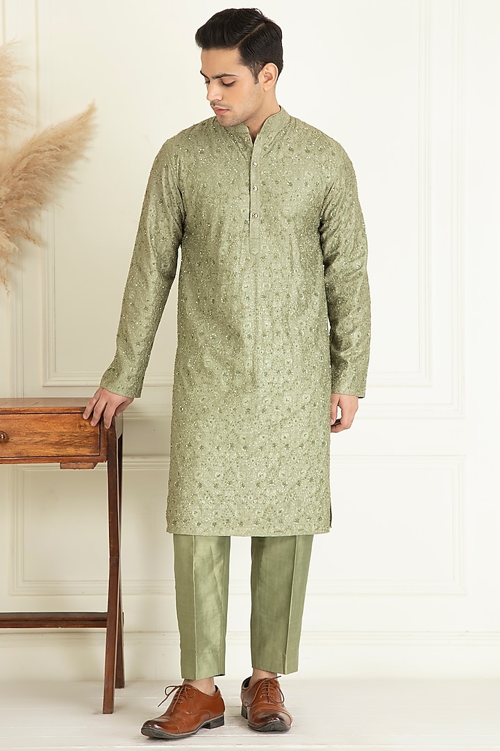 Sage Green Silk Embroidered Kurta Set by Priyanka Jain Men