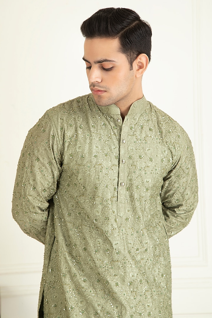 Sage Green Silk Embroidered Kurta Set by Priyanka Jain Men at Pernia's Pop Up Shop