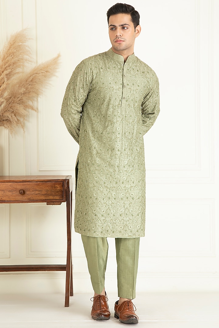 Sage Green Silk Embroidered Kurta Set by Priyanka Jain Men at Pernia's Pop Up Shop