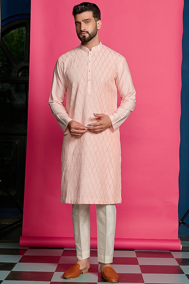 Baby Pink Cotton Silk Gota Embroidered Kurta Set by Priyanka Jain Men