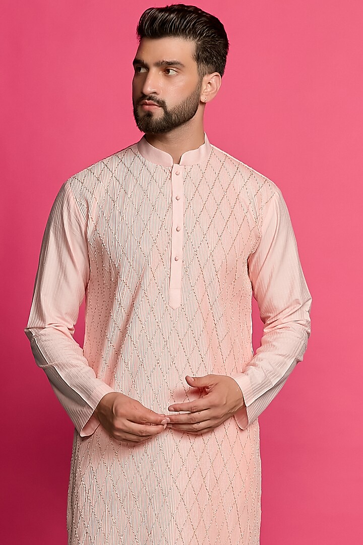 Baby Pink Cotton Silk Gota Embroidered Kurta Set by Priyanka Jain Men at Pernia's Pop Up Shop