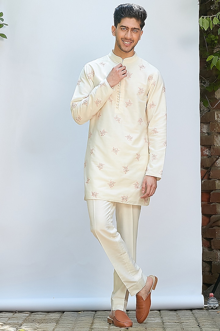 Ivory Cotton Silk Dori Embroidered Short Kurta Set by Priyanka Jain Men at Pernia's Pop Up Shop