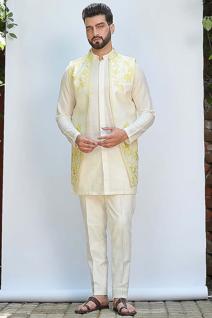 Ivory Dupion Silk Embroidered Indowestern Set by Priyanka Jain Men