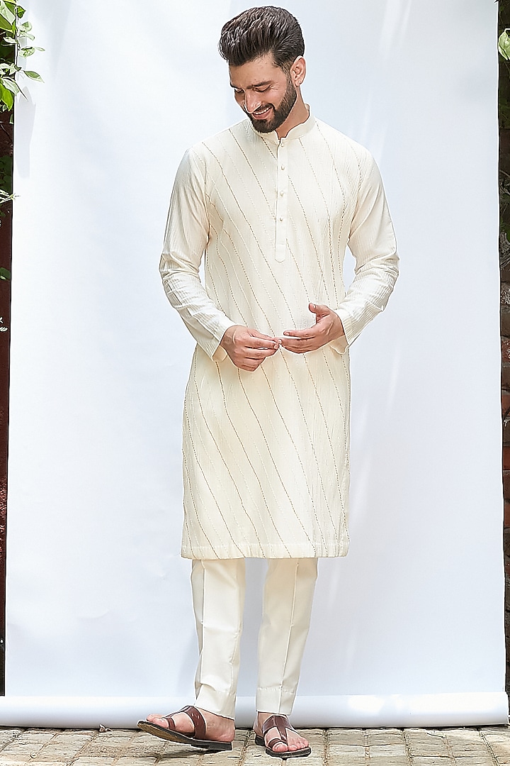 Ivory Cotton Silk Gota Work Kurta Set by Priyanka Jain Men