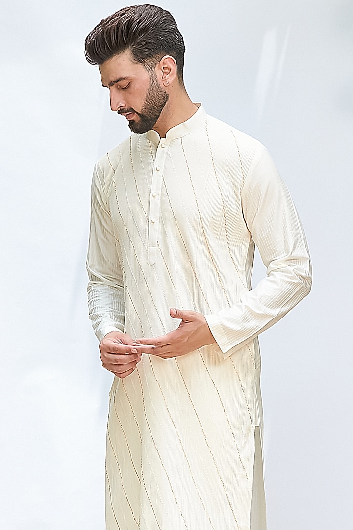 Ivory Cotton Silk Gota Work Kurta Set by Priyanka Jain Men at Pernia's Pop Up Shop