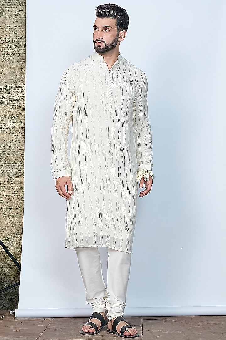 Ivory Shimmer Georgette Kurta Set by Priyanka Jain Men