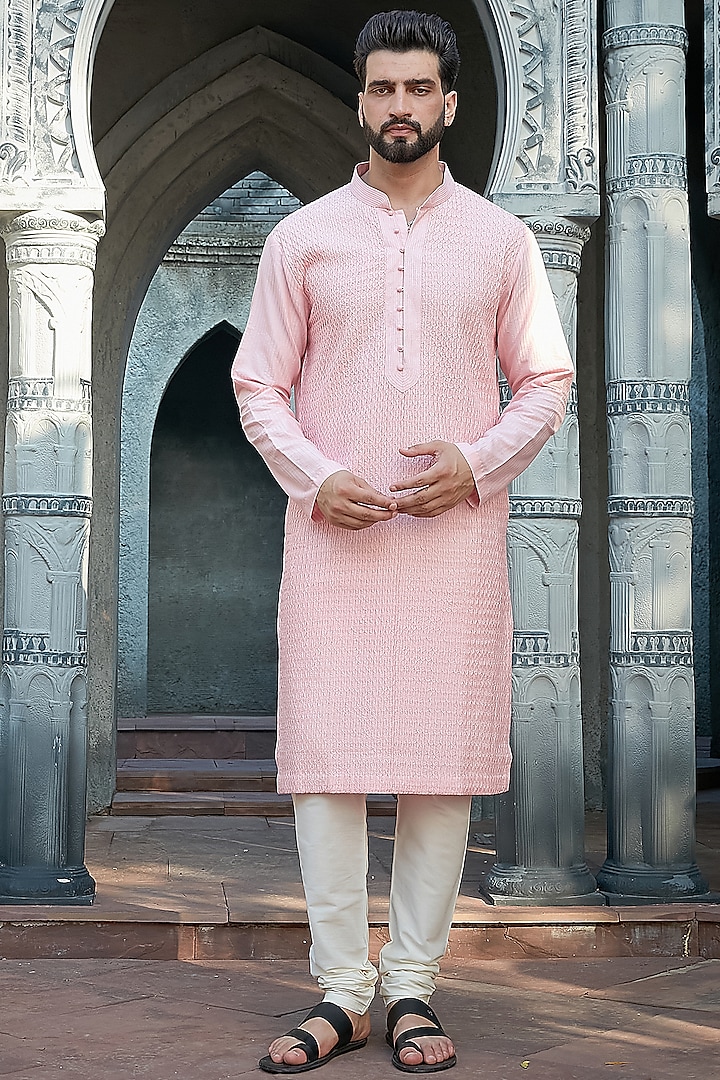 Baby Pink Cotton Silk Pintuck Kurta Set by Priyanka Jain Men