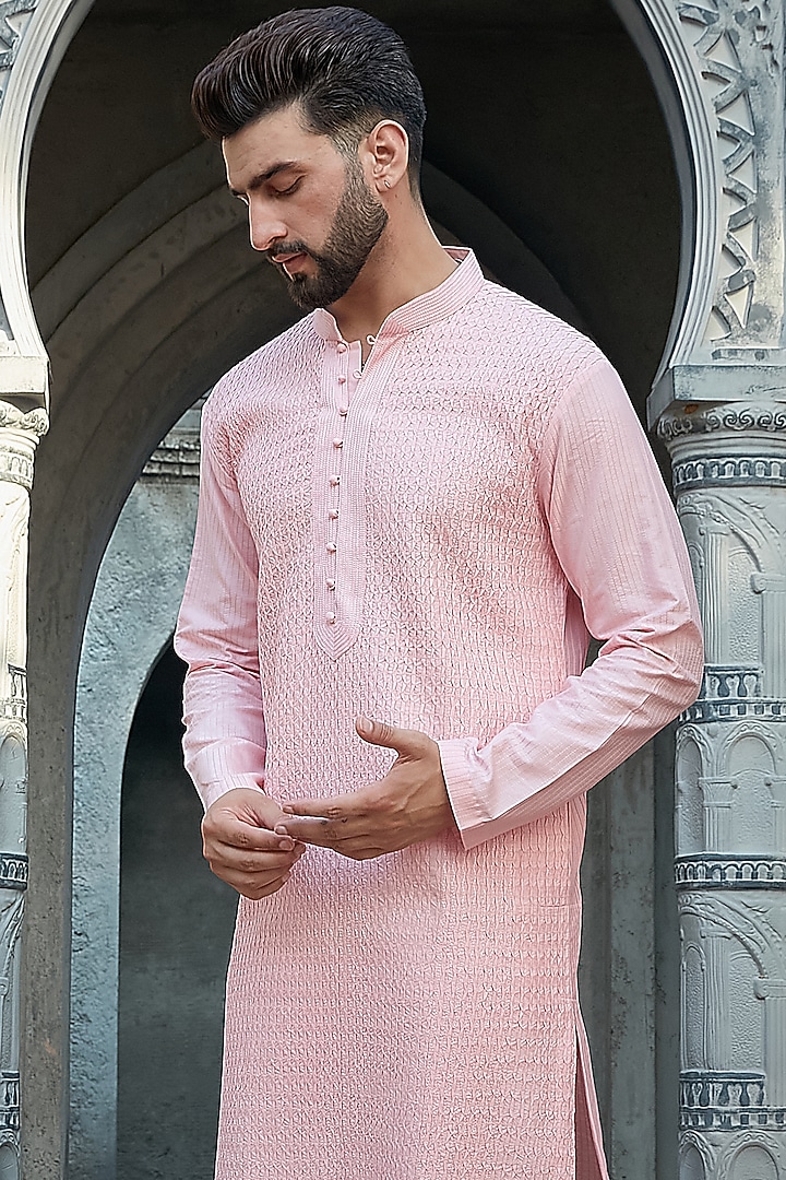 Baby Pink Cotton Silk Pintuck Kurta Set by Priyanka Jain Men at Pernia's Pop Up Shop