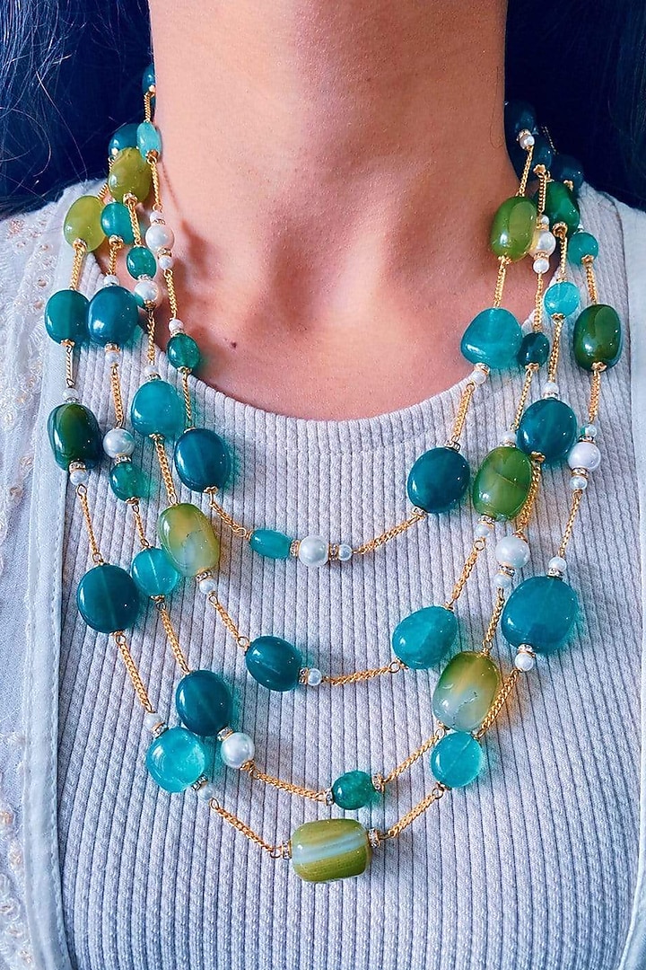Gold Plated Precious Carved Beaded Layered Necklace by Prerto at