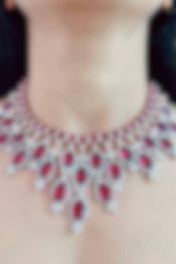 White Finish Red Zircon Necklace by Prerto
