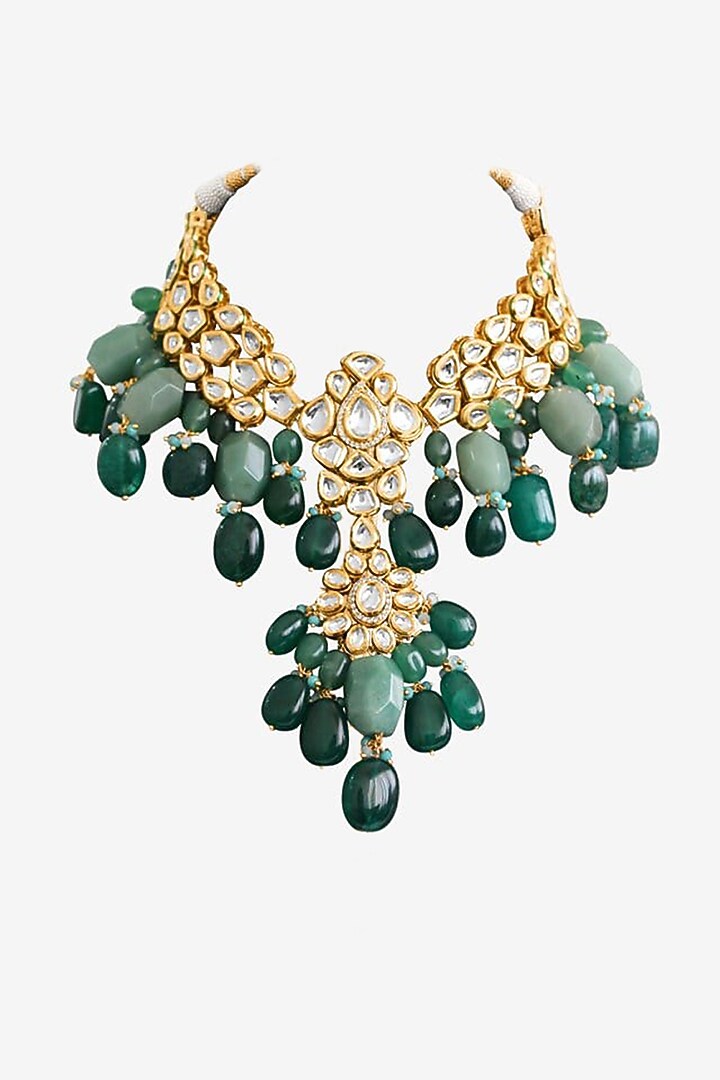 Gold Plated Kundan Polki & Precious Carved Beaded Necklace by Prerto at Pernia's Pop Up Shop