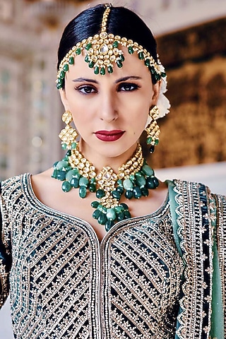 Gold Plated Kundan Polki & Precious Carved Beaded Necklace by Prerto