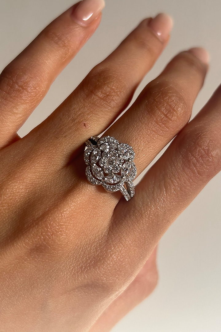 Gold Finish 0.57ct Marquise-Cut Cubic Zirconia Floral Ring In Sterling Silver by PRATA at Pernia's Pop Up Shop