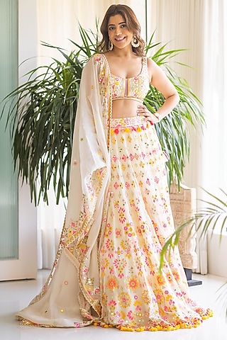 Multi-Colored & Ivory Georgette Hand Embroidered Lehenga Set by GOPI VAID