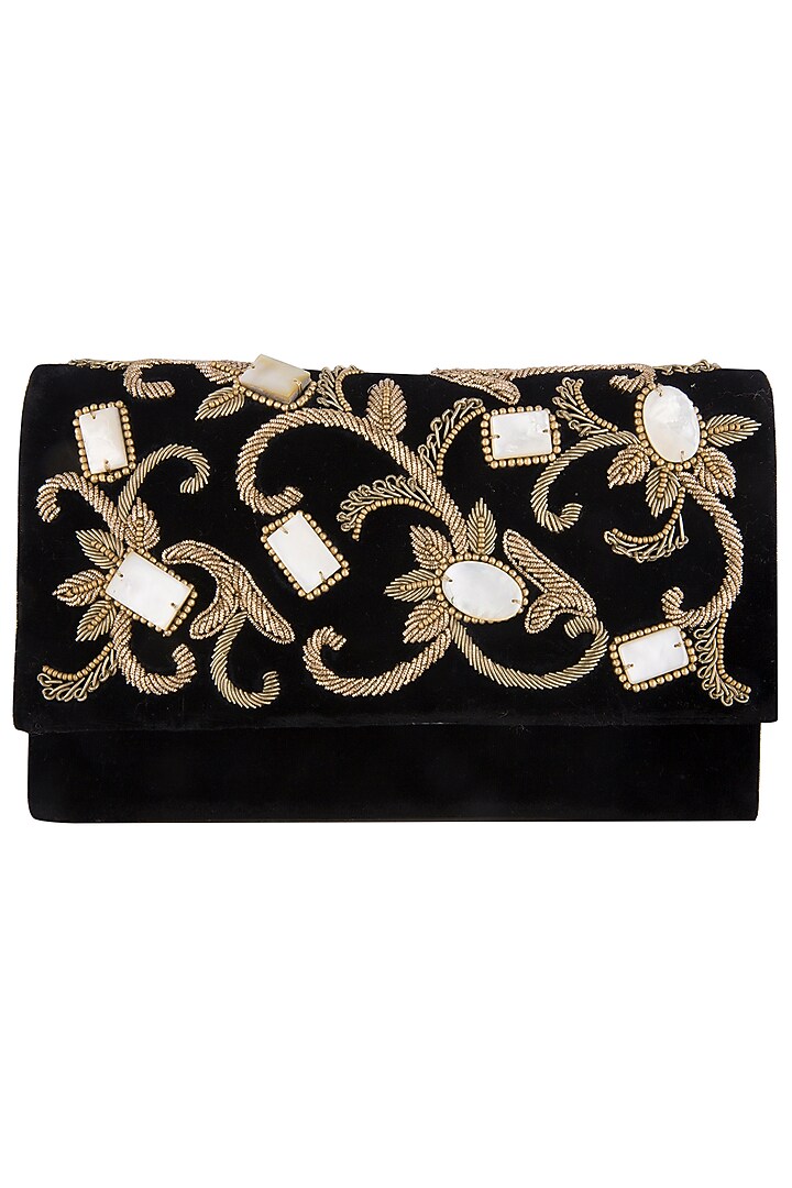 Black embroidered velvet clutch bag by PRACCESSORII at Pernia's Pop Up Shop